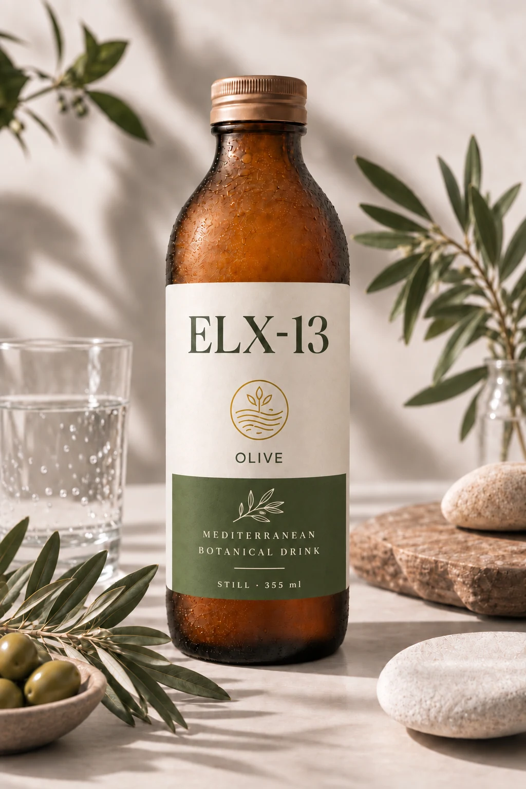 ELX-13 Olive bottle concept in a Mediterranean-inspired setting