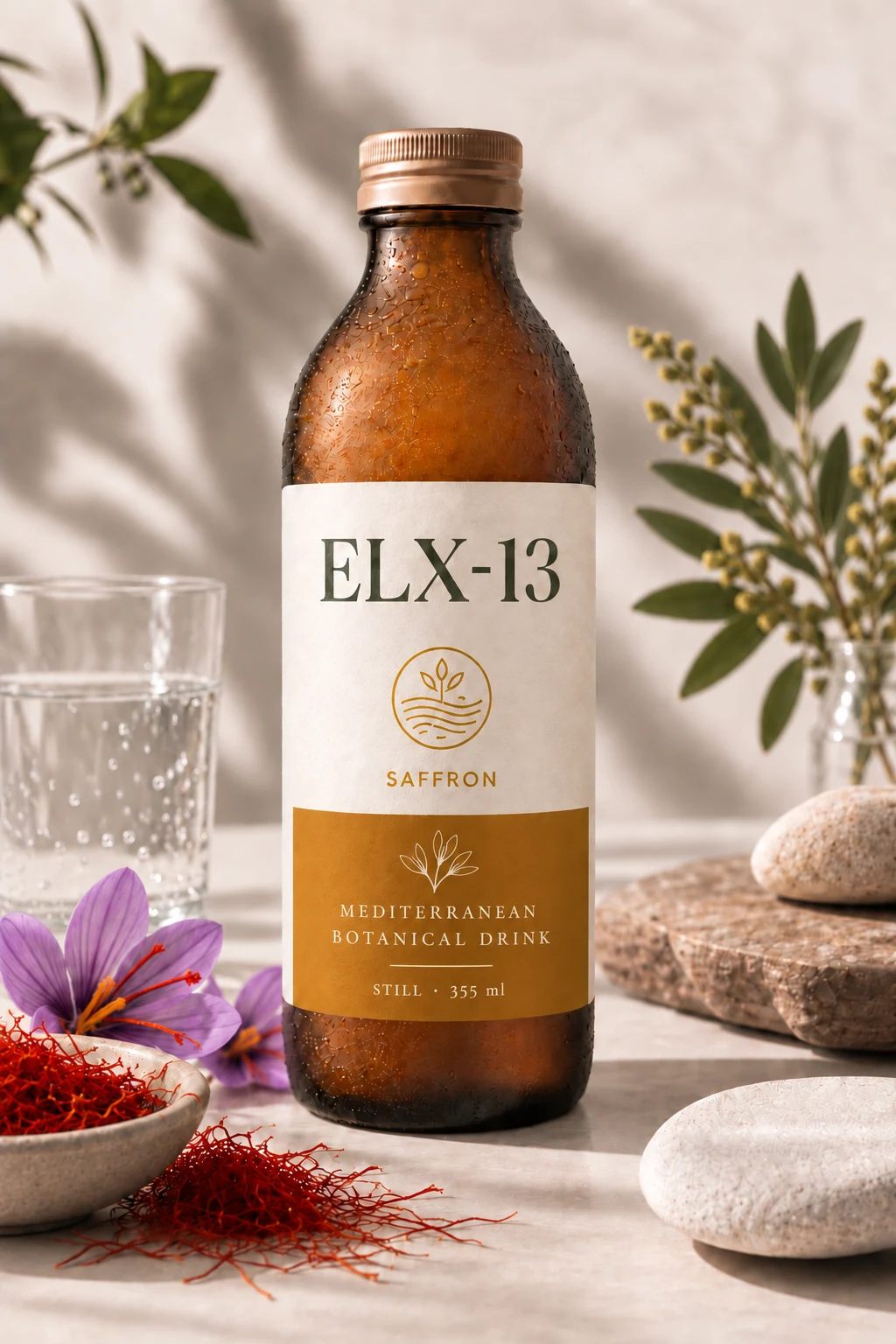 ELX-13 Saffron bottle concept in a Mediterranean-inspired setting